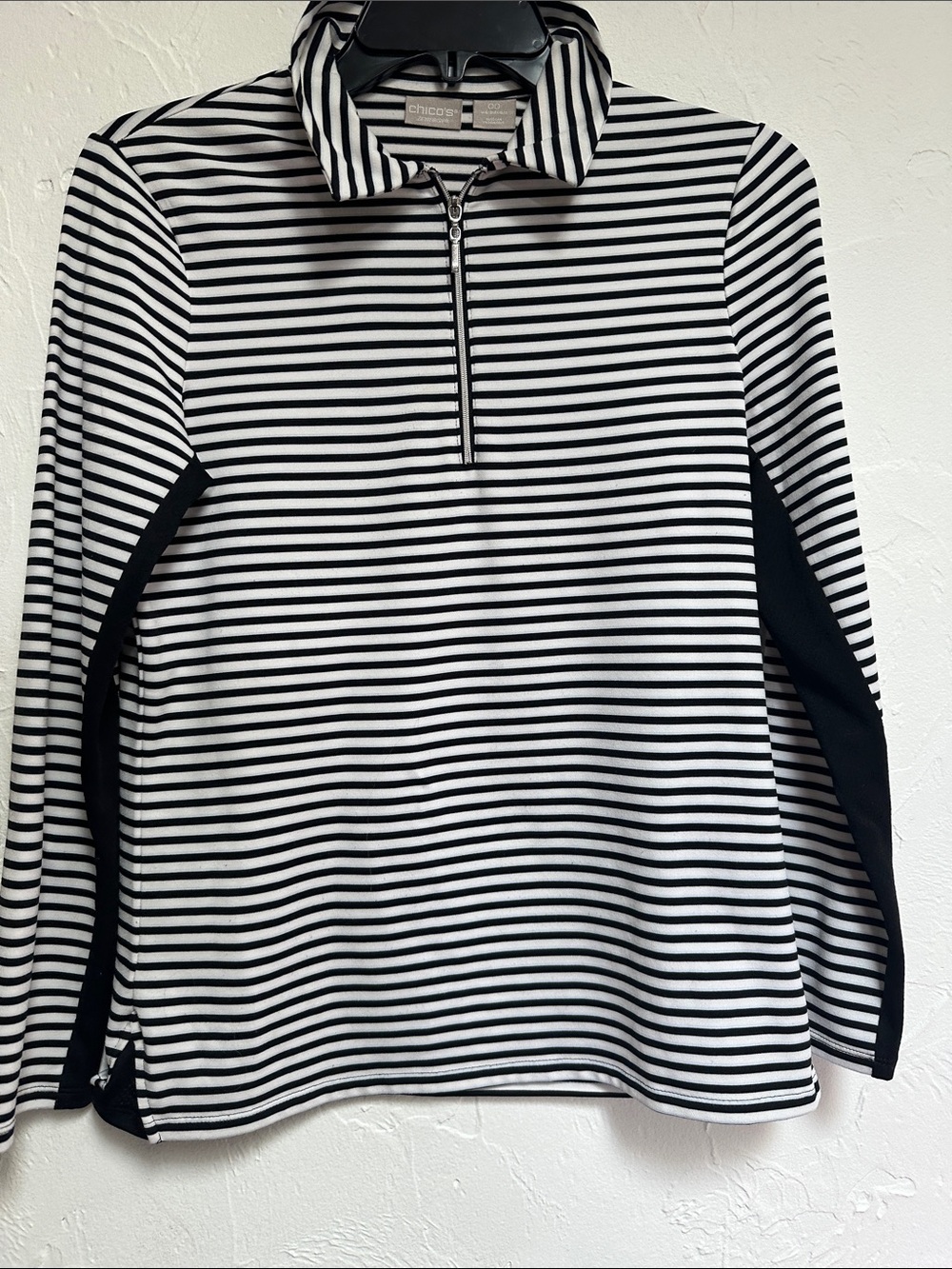 Chico's Black and White Striped Quarter-Zip Pullover with Black Panels